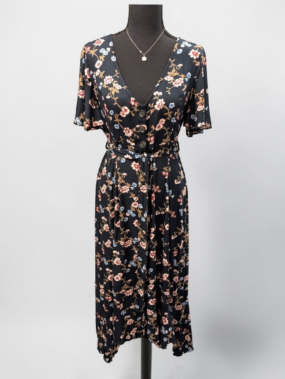 Francesca’s Floral Midi Dress Button Front Tie Waist Cottagecore Prairie S